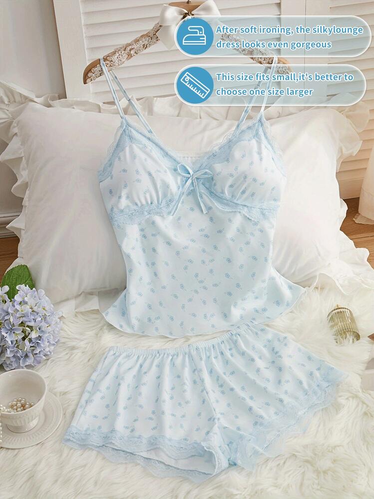 Comfortable Cute Women's Pajama Set With Removable Pads, Satin Soft Fabric Deep V-Neck, Adjustable Straps, Silk Texture, Lace Trim Hem, Suitable For All Seasons And Most Occasions, Wife, Girlfriend, Wedding Anniversary Birthday And Valentine's Day Gift Pajamas Lingerie