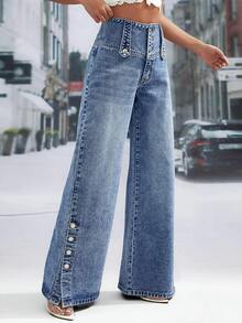 Magic Mia Women's High Waisted Wide Leg Jeans - Vintage Flare Denim Pants With Multi-Button Front & Side Accents | Retro Loose Fit For Streetwear, Casual & Everyday Style - 藍色 - 查看 3