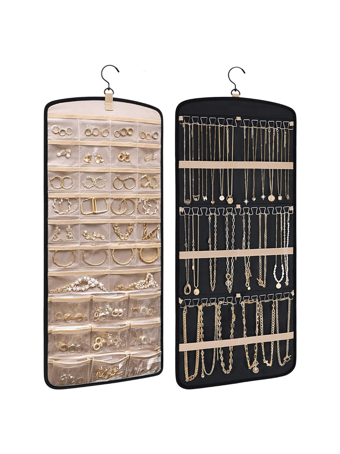 1 geantă de depozitare a bijuteriilor suspendată, organizator tip roll-up de mare capacitate, utilizare față-verso, potrivită pentru dulap, perete, depozitare în spatele ușii