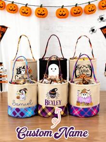 Custom Name Halloween Trick Or Treat Bag, Halloween Candy Basket, Halloween Candy Sack, Halloween Gingham Basket, Personalized Halloween Bag Name, Trick Or Treat Gift Packaging Bags, Halloween Gifts, Halloween Decorations, Day Of The Dead Packaging Bags, Halloween Theme Party Gift Bags, Custom Gingham Candy Bag For Kids, Halloween Decoration, Halloween Gift, Christmas - Multicolor - View 1