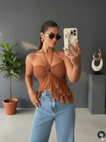 Women's Blouse Tulle Top With Ring, Ruffles, Adjustable Tie, Boho Chic, Casual, Elegant, , Summer Fashion - 鏽棕色 - 查看 1