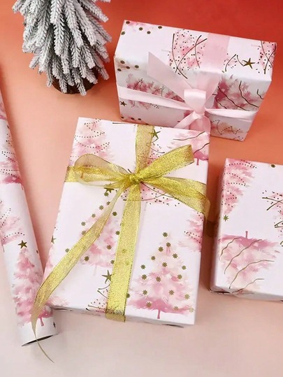 1/5pcs 3M Long Pink & Gold Christmas Tree Wrapping Paper Roll - Premium Holiday Gift Wrap With Vivid Xmas Tree Pattern, Decorative Paper For Christmas Presents, New Year Gifts & Winter Festive Packaging, High-Quality Paper Material, No Accessories Included