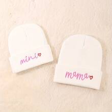 一套母子迷你刺绣腈纶针织帽，纯色时尚帽，弹力针织帽，轻便百搭，男女皆宜，休闲腈纶刺绣针织帽，四季皆宜的冬季服装 - A - 查看 6