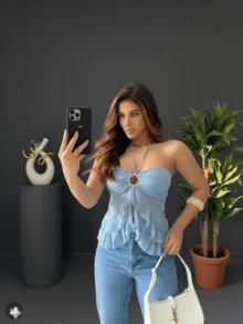 Women's Blouse Tulle Top With Ring, Ruffles, Adjustable Tie, Boho Chic, Casual, Elegant, , Summer Fashion - Màu xanh nhạt - Xem 2