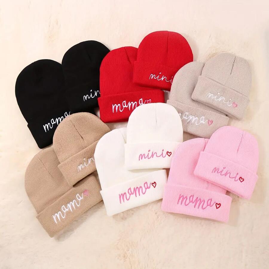 一套母子迷你刺绣腈纶针织帽，纯色时尚帽，弹力针织帽，轻便百搭，男女皆宜，休闲腈纶刺绣针织帽，四季皆宜的冬季服装 - A - 查看 1