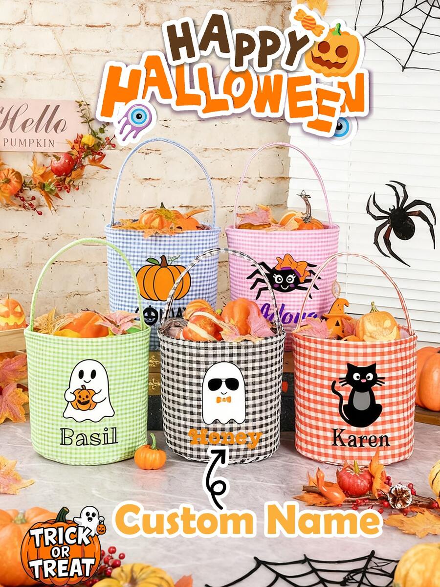 Sacola de Halloween personalizada para doces ou travessuras, cesta de doces de Halloween, saco de doces de Halloween, cesta de guingão de Halloween, nome personalizado para sacola de Halloween, embalagens para presentes de doces ou travessuras, presentes de Halloween, decorações de Halloween, embalagens para o Dia dos Mortos, sacolas de presentes para festas temáticas de Halloween, sacola de doces guingão personalizada para crianças, decoração de Halloween, presente de Halloween, Natal