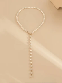 1pc Bohemian Style Fashion Minimalist Versatile Creative Faux Pearl Beaded Tassel Y-Necklace - White - View 2