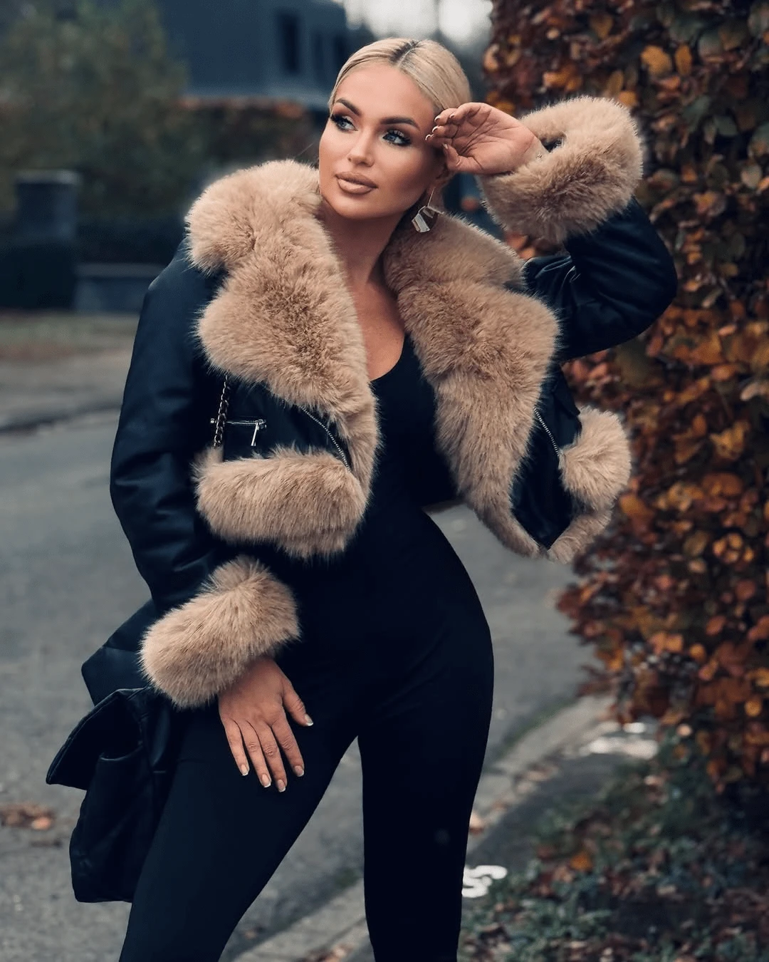 FLORETTA ÉLENA Women's Brown Color Block Faux Fur Collar Short PU Leather Jacket With Thermal Lined, Elegant Winter Ladies Coat - Black - View 1