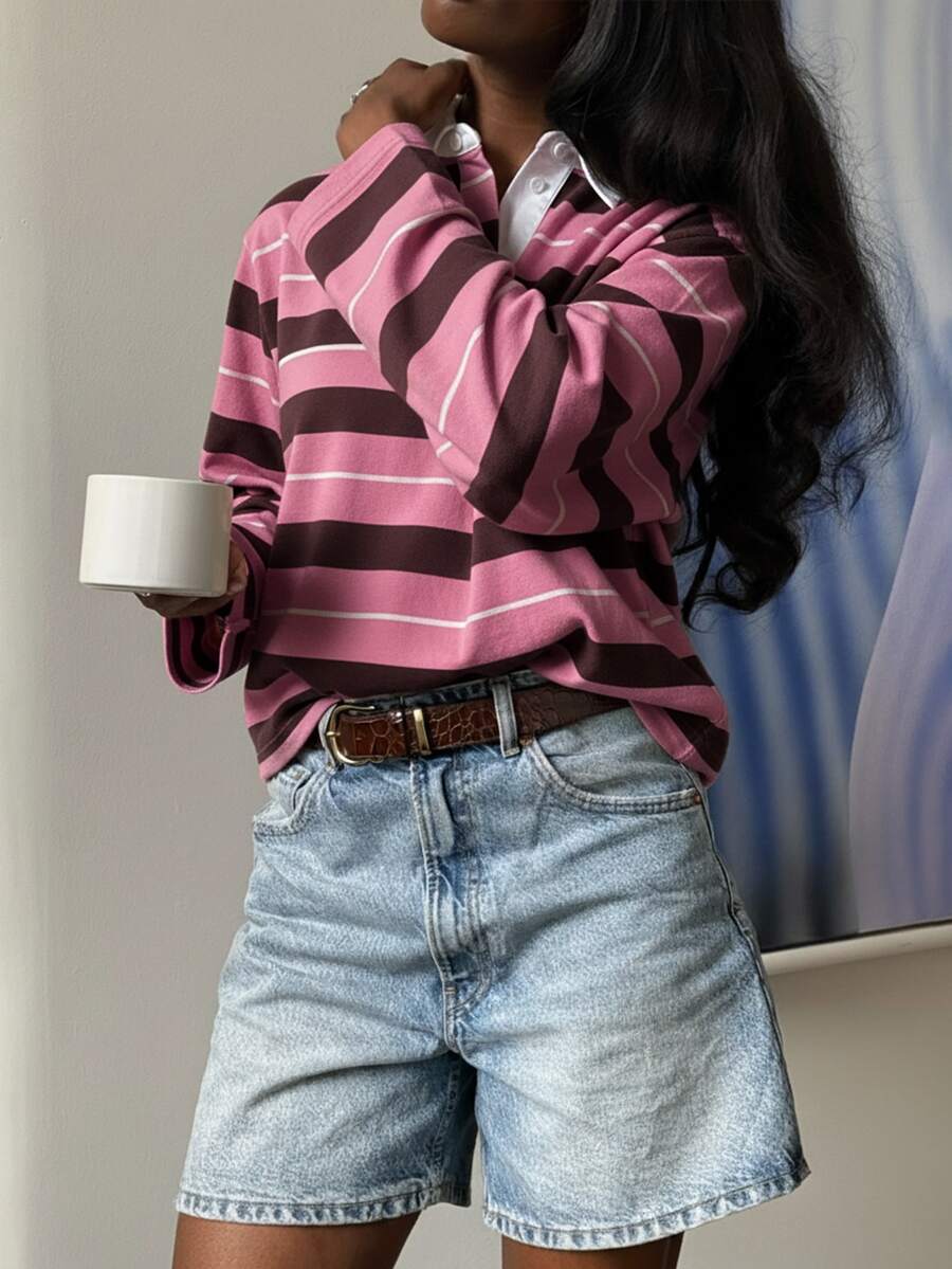 HoloChill 女士撞色领条纹休闲长袖套头针织衫，2026春夏新款百搭T恤，情人节 - 粉色 - 查看 1