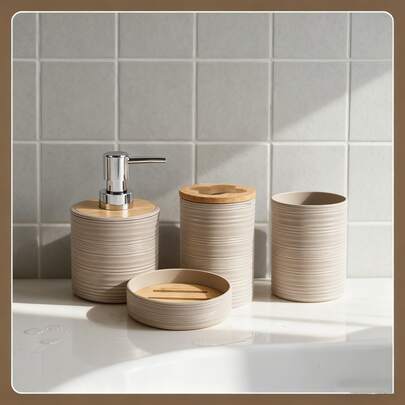 4/6 delar badrumsset i bambu, inkluderar toalettborste, sköljkopp, tandborstehållare, tvålkopp, papperskorg och lotionflaska. Utsökt och elegant, lämplig som present till olika tillfällen. Badrumstillbehör Badrumsverktyg