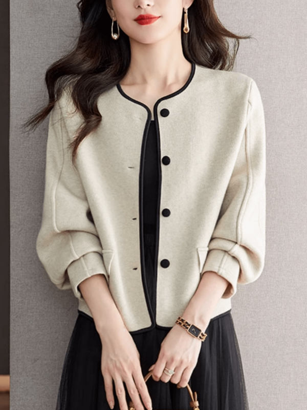YUXIN Women's Elegant Round Neck Long Sleeve Jacket - Fashionable Short Style, With Black Contrast Decorative Edges, Machine Washable, Perfect For Autumn And Winter Fashion.