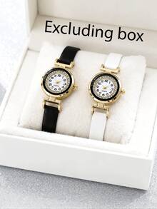 2pcs/Set Women's Fashion Rhinestone Quartz Watch Set, Minimalist & Versatile, Suitable For Students - Black and White - View 6