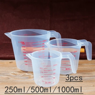 3pcs/Set Multipurpose Measuring Cups, Clear Heat-Resistant Stackable Plastic Cups With Tilted Handle And Spout, Essential Kitchen Accessories, 500ml, 250ml, 1000ml