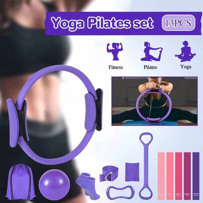 13pcs Yoga Resistance Bands Set, Elastic Workout Bands For Full Body Fitness, Strength Training, Stretching, Ideal For Yoga, Pilates, Cross-Training, Home Gym Portable Fitness Equipment For Women, Pink & Purple 2 Colors Available