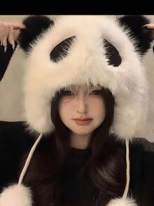 1pc Plush Winter Hat, Cute Cartoon Ear Warmer Fluffy Windproof Thick Hat, Panda Design - Multicolor - View 1