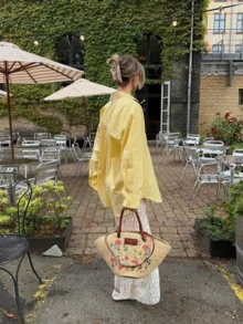 Women's Fashionable Fresh Lemon Yellow Striped Print Casual Shirt With Pockets, Simple Design For Walks, Commuting, Streetwear, - Yellow - View 3