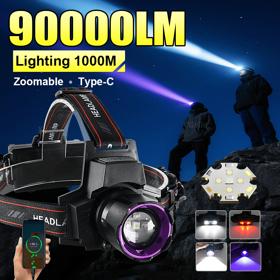 2025 leistungsstärkste 500W Scheinwerfer 2 Farben Camping Stirnlampe 90000LM super hell LED Kopflampe Zoom Angeln Stirnlampe wiederaufladbar wasserdicht Laterne