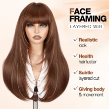 24-Inch Layered Straight Wig With Bangs For Women, Glueless, Realistic Synthetic Material, Heat Resistant, Natural Layered Look, Suitable For Daily Wear, Parties, Cosplay And More - Rust Brown - View 5