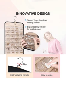 1 geantă de depozitare a bijuteriilor suspendată, organizator tip roll-up de mare capacitate, utilizare față-verso, potrivită pentru dulap, perete, depozitare în spatele ușii
