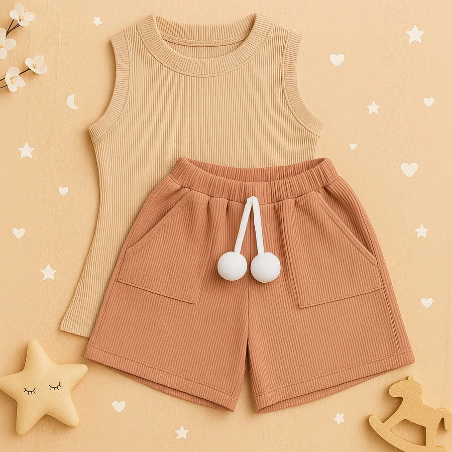 Conjunto Infantil Blusa Regata Básica + Shorts Canelado Com Pompom Kit com 2 Peças Super Estiloso CJI039 - Rosê e Nude - Visão 1