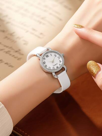 1pc Elegant Fashion Women's Watch, Fashionable Mother-Of-Pearl Inlaid, Ladies' Elegant Ultra-Thin Minimalist Leather Strap Watch
