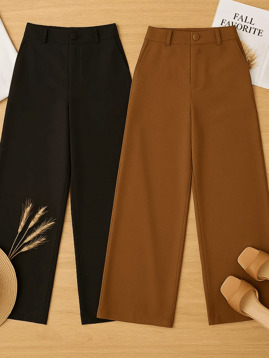 Kit 2 Plus Size Pants Tailored Fashion Pantaloons With Pockets High Waist Holds Belly Long - Caramelo y negro - Ver 1