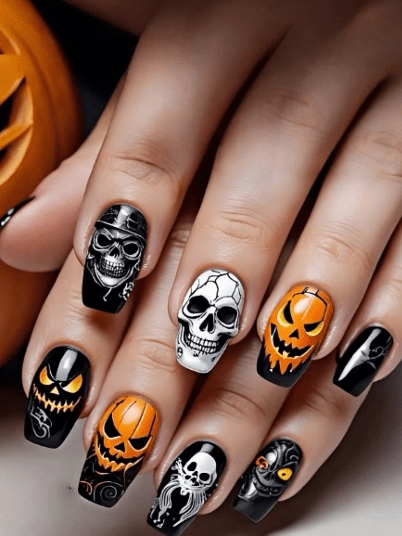 Paznokcie samoprzylepne z motywem czaszki na Halloween, jesienne naklejki na paznokcie, czarne paznokcie, paznokcie na Halloween, jesienne naklejki samoprzylepne, paznokcie samoprzylepne