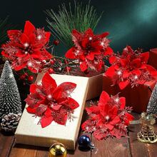 1/10/20pcs Poinsettia Artificial Flowers For Christmas, Fake Christmas Tree Branches Decor, Home Decoration, Floral Decor, Party, Wreath, New Year Outdoor Decoration - Tất cả màu đỏ - Xem 2
