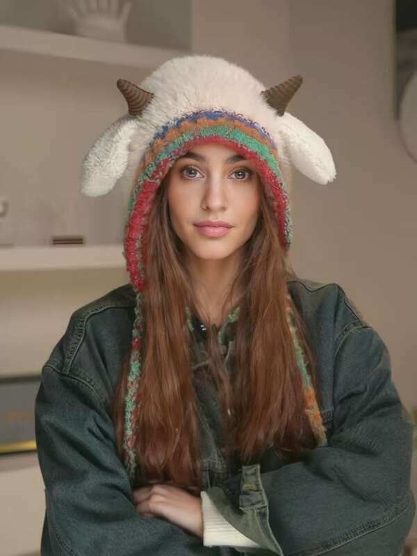 1pc Autumn/Winter Plush Lamb Horn Warm Earflap Knit Hat For Women, Versatile, Sweet & Cute, Windproof, Thermal Insulation, Ear Protection, Soft & Comfortable, Suitable For Cold Weather, Halloween, Christmas, Winter Outdoor Riding