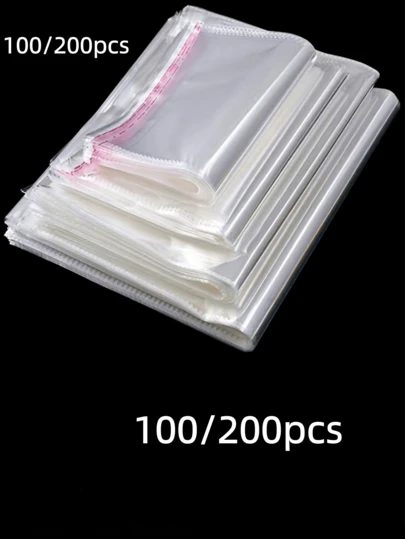 100/200个各种尺寸烘焙袋、方形多用途烘焙自封玻璃纸袋、透明可重复密封玻璃纸袋、独立饼干包装袋、保鲜真空袋、家庭厨房用品、厨房配件