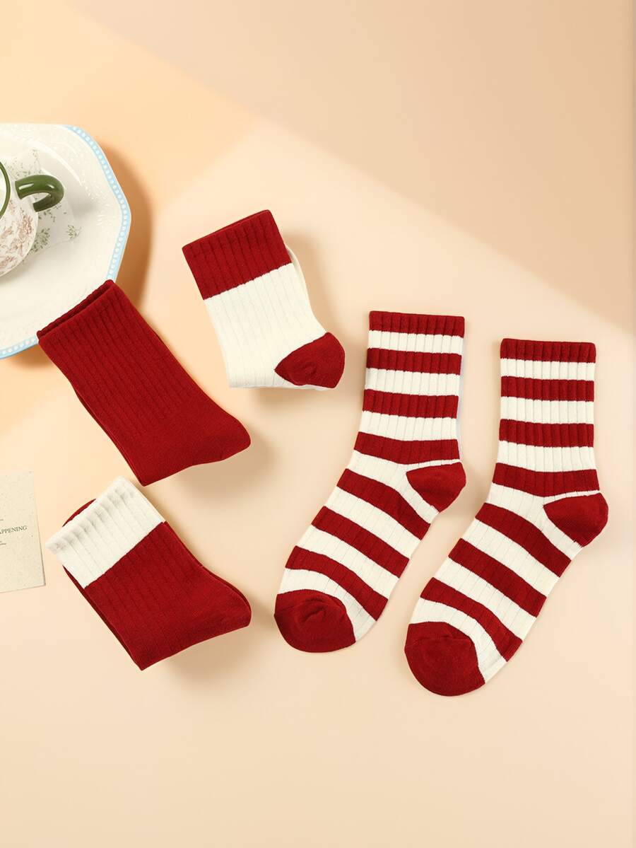 4 Pairs Chinese New Year Red Socks, Unisex Mid-Calf Socks For Women, Autumn/Winter