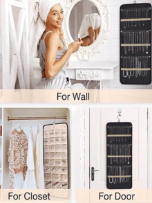 1 geantă de depozitare a bijuteriilor suspendată, organizator tip roll-up de mare capacitate, utilizare față-verso, potrivită pentru dulap, perete, depozitare în spatele ușii