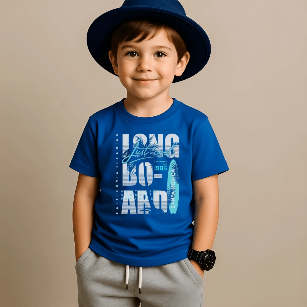 Children's T-Shirt Short Sleeve Blouse Printed Longboard 100% Cotton Unisex Children's Shirt - 寶藍色 - 查看 1