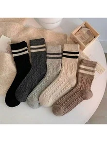 5 Pairs Random Delivery Mid-Calf Knitted Socks, Cozy