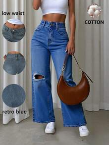 Jeans casuales de mujer de pierna recta, sueltos, desgastados y con bolsillos, Pantalones vaqueros diarios simples unicolor para mujer, estilo urbano, lavables a máquina, longitud larga, para usar en las cuatro estaciones. - Azul - Ver 5