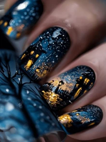 Paznokcie na Halloween w kolorze niebieskim, 24 sztuki sztucznych paznokci, naklejki na paznokcie na jesień, sztuczne paznokcie, paznokcie na Halloween, jesienne paznokcie do naprasowania, paznokcie do naprasowania