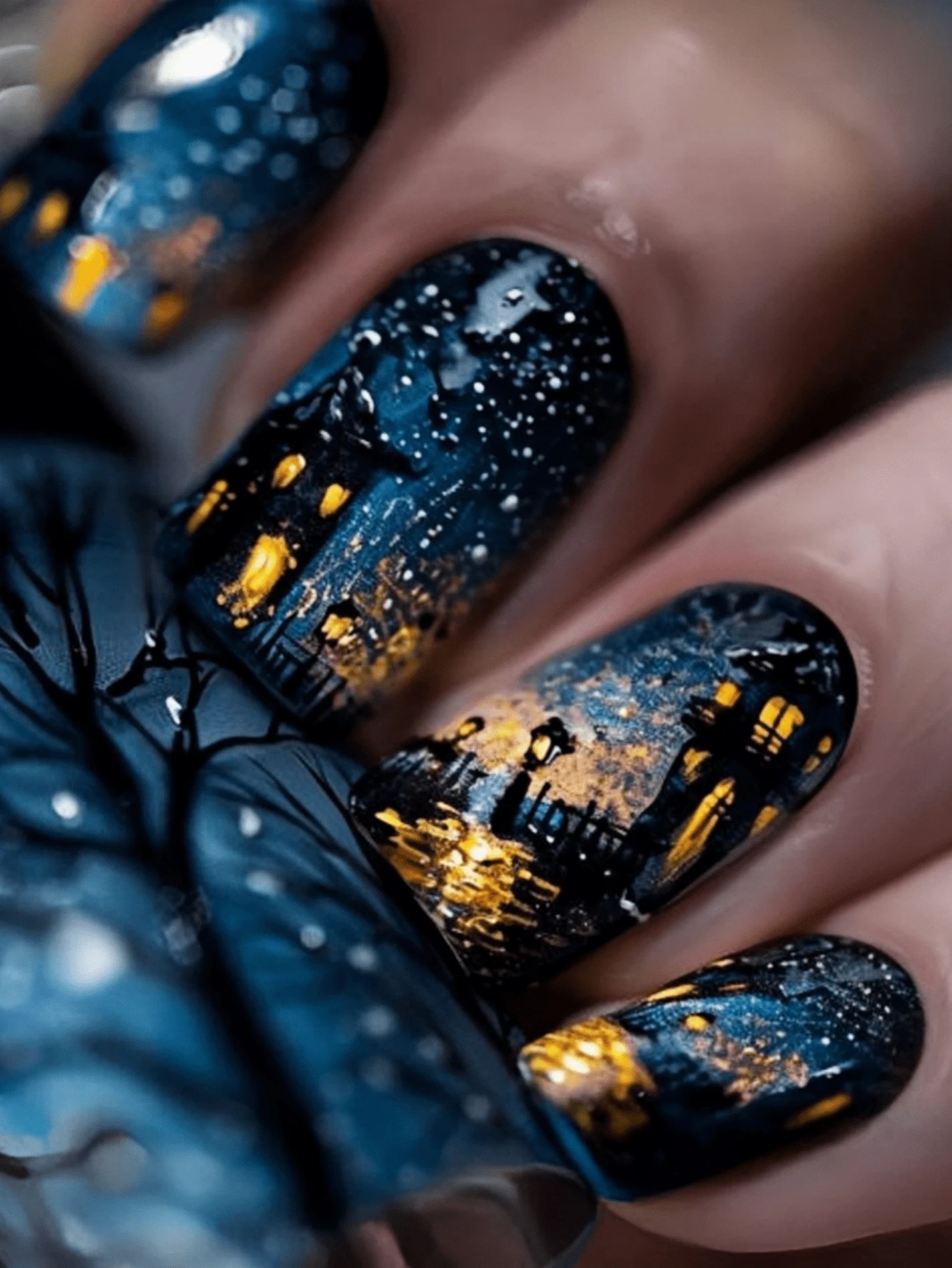 Paznokcie na Halloween w kolorze niebieskim, 24 sztuki sztucznych paznokci, naklejki na paznokcie na jesień, sztuczne paznokcie, paznokcie na Halloween, jesienne paznokcie do naprasowania, paznokcie do naprasowania