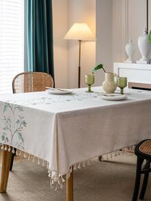 1pc Natural Minimalist Style Blue Vine Embroidery Tassel Tablecloth, Rectangular Table Cover For Coffee Table, TV Cabinet, Home Decor For Christmas, Halloween - Multicolor - View 7