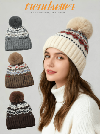 1pc Women's Nordic Fair Isle Pattern Knitted Beanie Hat With Large Pom Pom, Thick Winter Ski Cap With Intricate Geometric Motifs, Fashion Headwear For Women - Ideal For Cold Weather, Outdoor Activities, Daily & Casual Outfits Winter Clothing