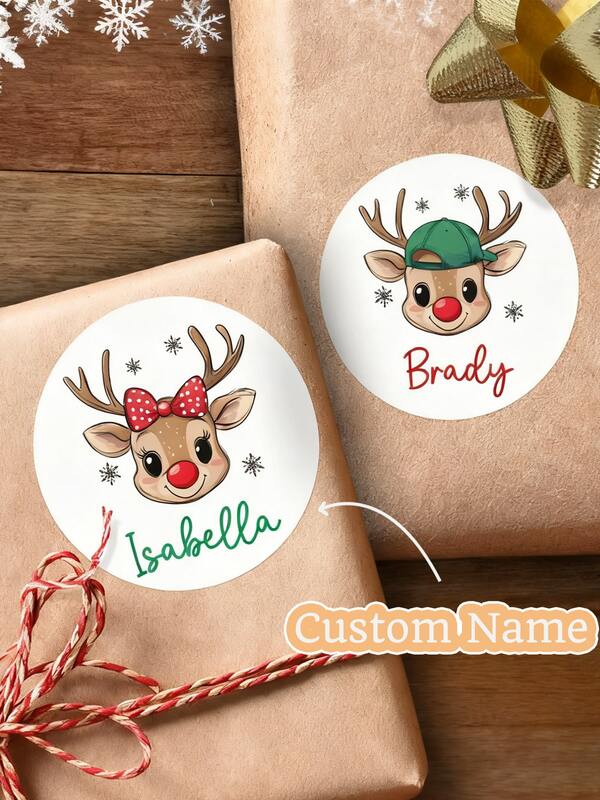 12/24/48 Personalized Christmas Stickers, Reindeer Christmas Name Labels, Happy Holiday Label, Kids Gift Label Stickers, Easy Peel Sticker, Gift Wrap Tags, Christmas Sticker Sheet, Christmas Greeting, Small Dim Sum Packaging Bag Stickers Custom Text, Holiday Decorations, Personalized Holiday Gift Labels Boy Girl, Holiday Envelope Stickers, Cute Christmas Decoration & Party Favors For Kids