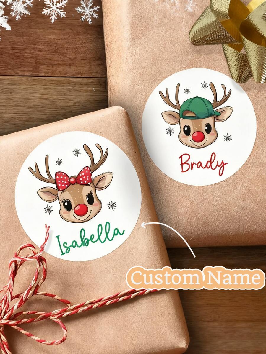 12/24/48 Personalized Christmas Stickers, Reindeer Christmas Name Labels, Happy Holiday Label, Kids Gift Label Stickers, Easy Peel Sticker, Gift Wrap Tags, Christmas Sticker Sheet, Christmas Greeting, Small Dim Sum Packaging Bag Stickers Custom Text, Holiday Decorations, Personalized Holiday Gift Labels Boy Girl, Holiday Envelope Stickers, Cute Christmas Decoration & Party Favors For Kids - Multicolor - View 1