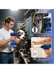 WANSE - 720W Pistola De Impacto Inalámbrico Sin Escobillas Eléctrico Llave De Impacto 1/2" Y 1/4 Pulgadas Juego Con Batería Para Desmontar Neumáticos De Automóviles, Reparaciones Domésticas Y Eléctricas - Azul - Ver 3