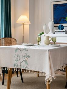1pc Natural Minimalist Style Blue Vine Embroidery Tassel Tablecloth, Rectangular Table Cover For Coffee Table, TV Cabinet, Home Decor For Christmas, Halloween - Multicolor - View 8