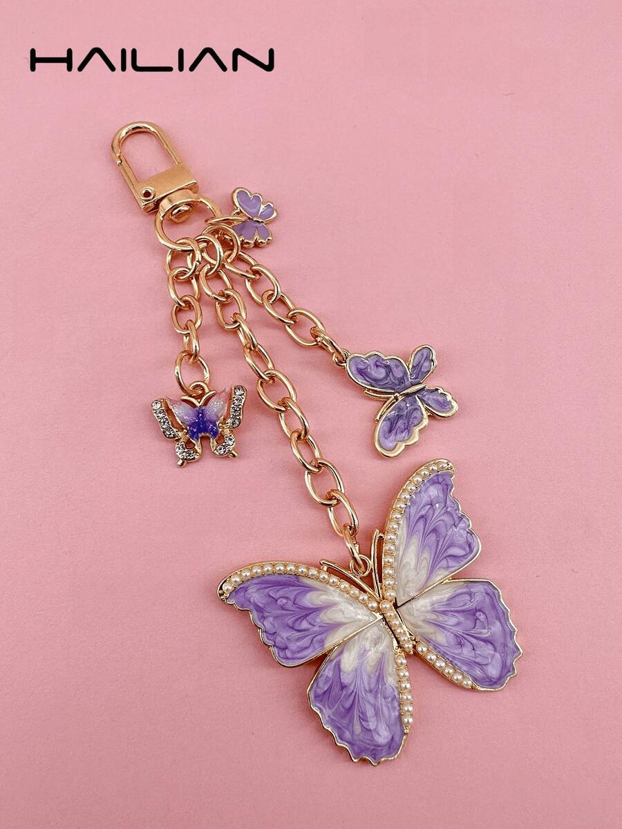 HAILIAN A Metal Chain Bag Pendant Made Of Alloy Material About Butterfly, Gradient Butterfly, Pearl Butterfly, Butterfly Inlaid With Diamonds, It Can Be Used As A Bag Pendant, Car Key Chain, Birthday Holiday Gift - Purple - View 1