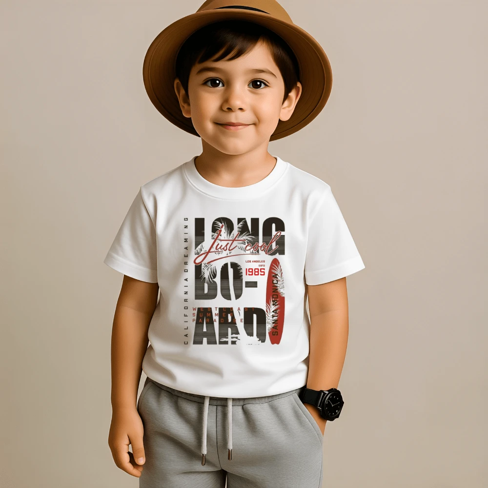 Children's T-Shirt Short Sleeve Blouse Printed Longboard 100% Cotton Unisex Children's Shirt - 白色 - 查看 1