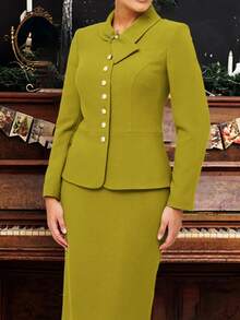 NOU 女士纯色系带套装 - 长袖，优雅简约风格，适合秋冬季节，配金属纽扣，是情人节和新年的理想之选，打造时尚商务休闲造型 - 橄欖綠 - 查看 2