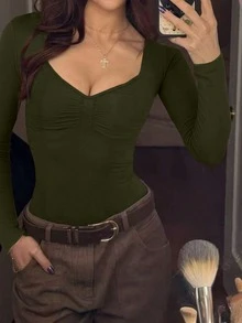 Áo liền thân dài tay dáng ôm cổ tim nhún bèo tối giản màu trơn VIVINA dành cho nữ, kiểu dáng thoải mái, đa năng, thích hợp mặc ở nhà và ngoài trời. - xanh quân đội - Xem 2