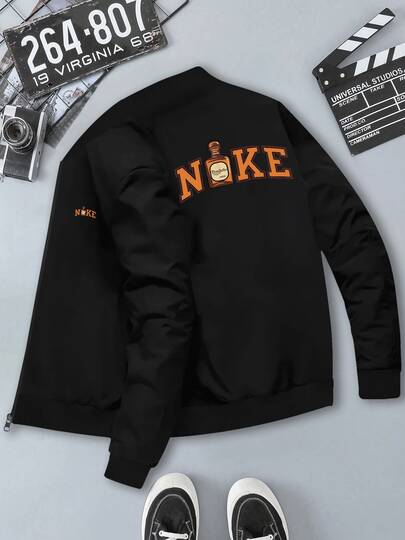 Men's Athletic Crewneck Jacket, Graphic Printed With Bold Letters & Abstract Bottle Design. Lightweight Casual Outerwear Top For Daily Wear, Training, And Street Style Fashion.