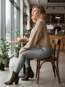 Leggings elegante estilo vinipiel PU unicolor Stretch - Gris - Ver 4