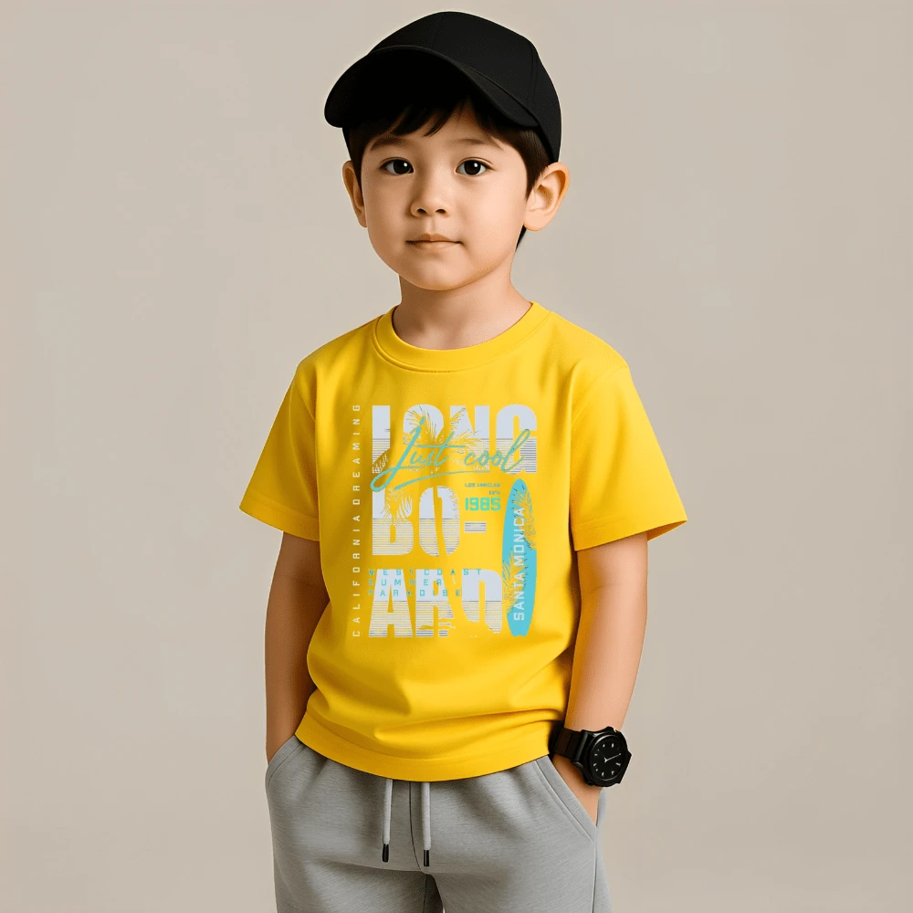 Children's T-Shirt Short Sleeve Blouse Printed Longboard 100% Cotton Unisex Children's Shirt - 黃色 - 查看 1